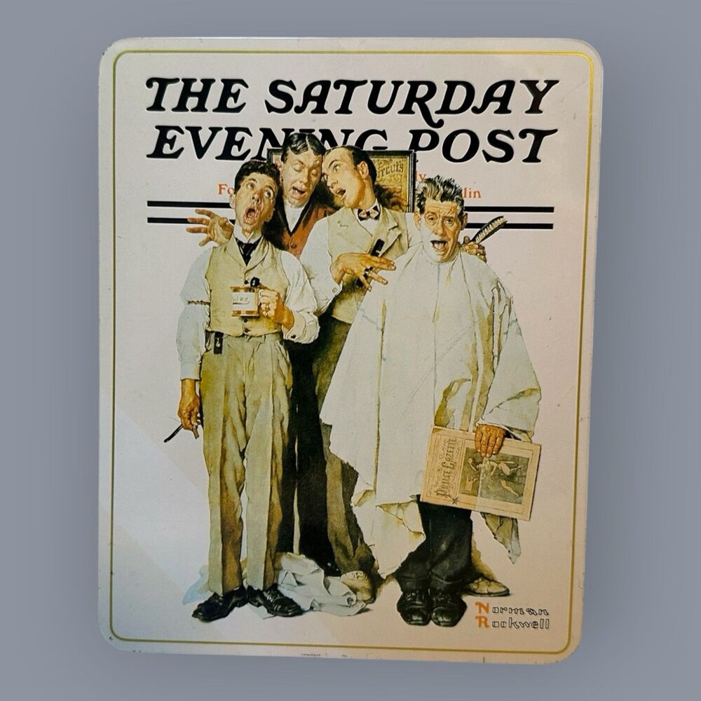 GC Handkerchief Tin Canister Norman Rockwell Saturday Evening Post Barbershop